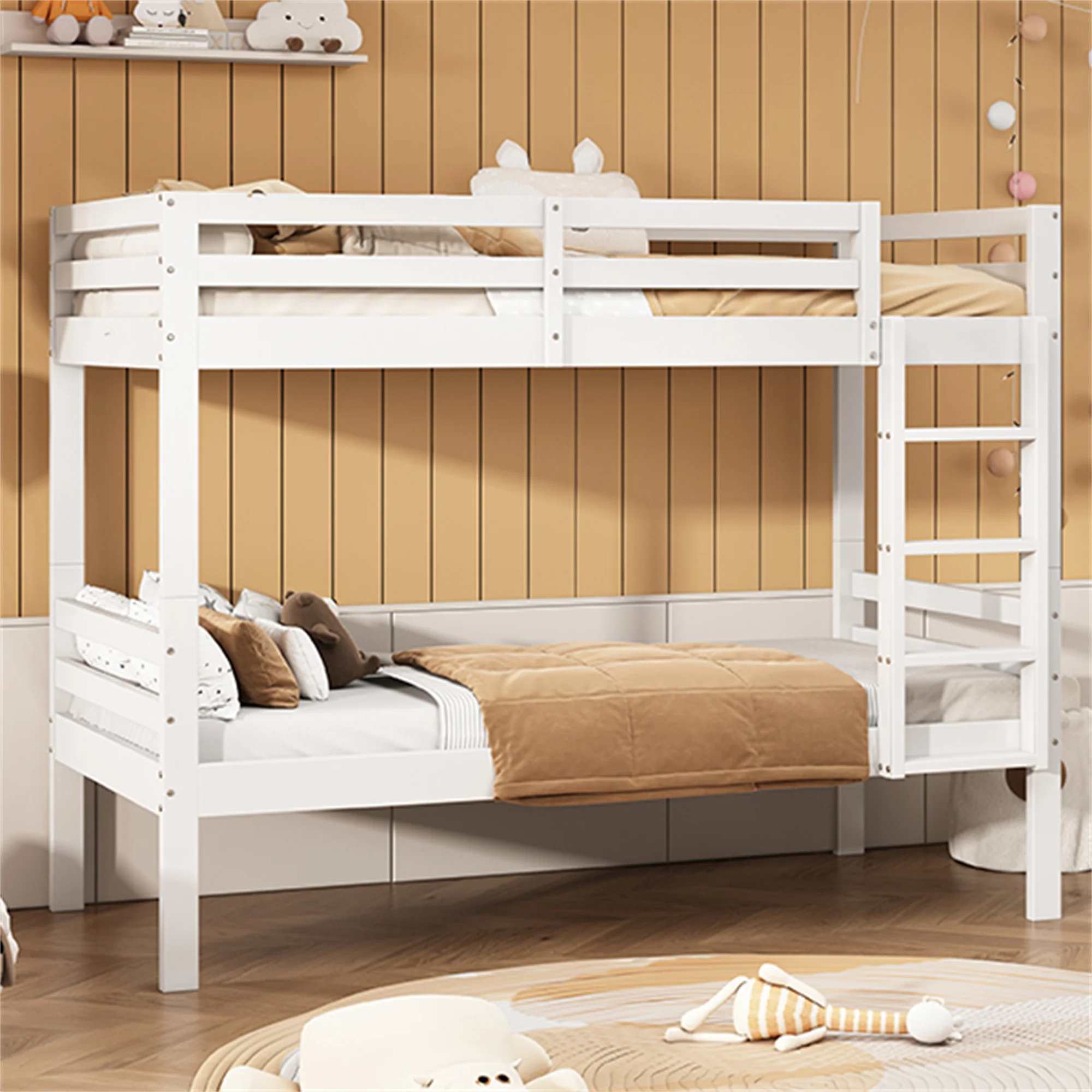 Etagenbett 90x200 cm, mit 3-Stufiger Leiter, Weiß, Kiefernholz, Kinderbett Image