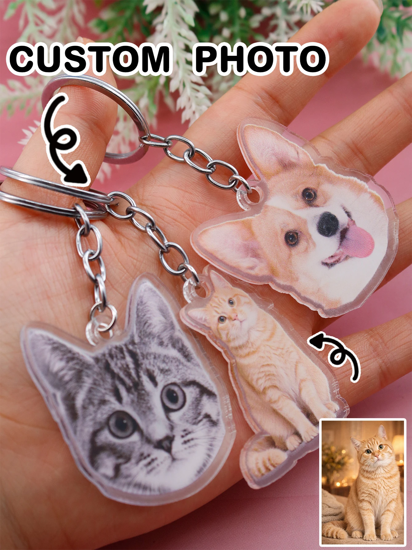 Personalisierter Haustier-Schlüsselanhänger als Fotogeschenk, Trendiger Haustier-Schlüsselanhänger und Niedliche Schlüsselanhänger für den Alltag, Individuelles Haustier-Foto-Andenken Image