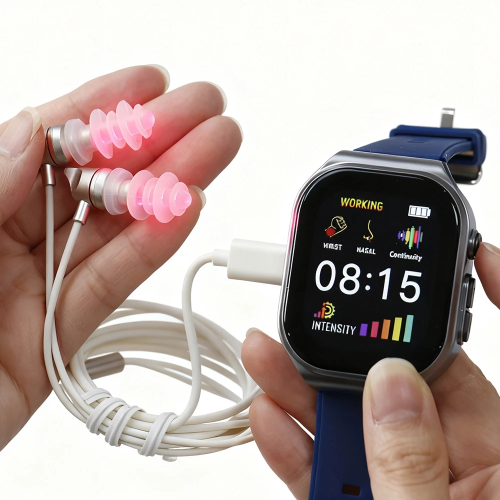 Neues Upgrade 16 Löcher Rotlicht Physiotherapie Handgelenkgerät Uhr 650 nm Tinnitus Rhinitis Therapiegerät mit Silikonhülle Image