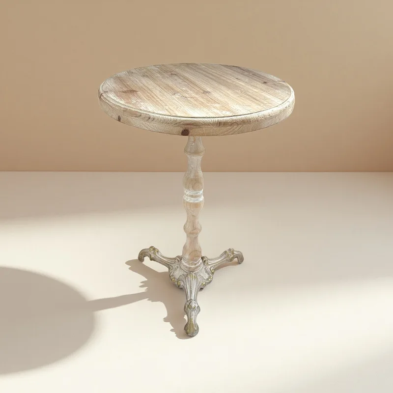 Ländlicher runder Couchtisch für Zuhause, Wohnzimmer, Massivholz, kleiner runder Tisch, Retro-Metallsockel, Holz, lässig, klein Image