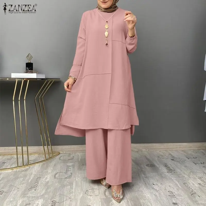 2026 ZANZEA Damen Muslimische Passende Sets Stilvolle Lange Oberteile Hosen-Sets Dubai Hijab Trainingsanzug Abaya Kaftan Ramadan Outfits Islamisch Image