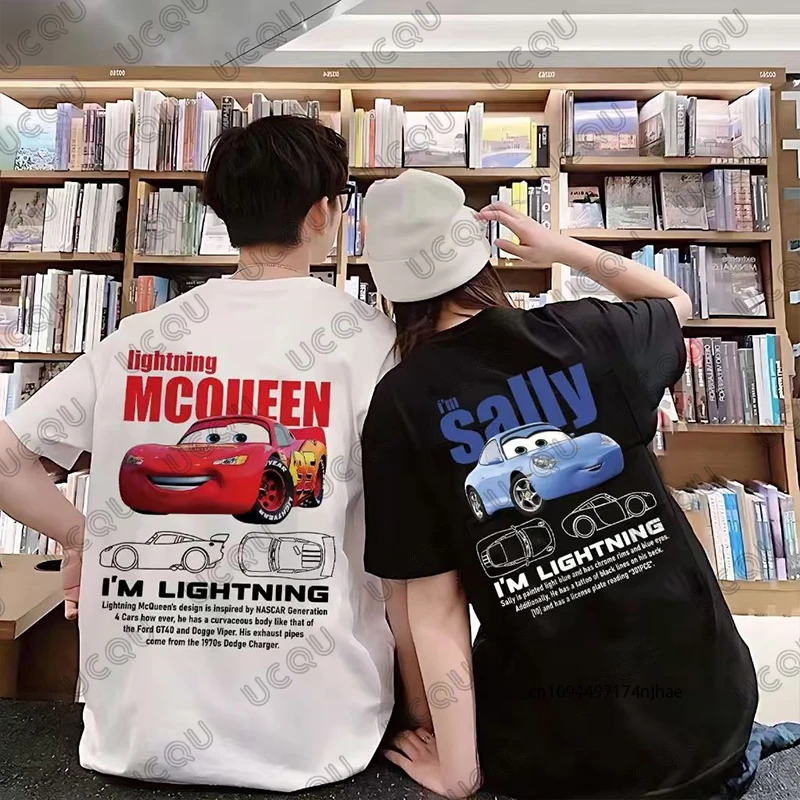 Sommerliches neues T-Shirt mit Lightning Mcqueen & Sally-Aufdruck für Damen und Herren, kurzärmelige Baumwolloberteile, Sally & Mcqueen, lässige Umstands-T-Shirts Image