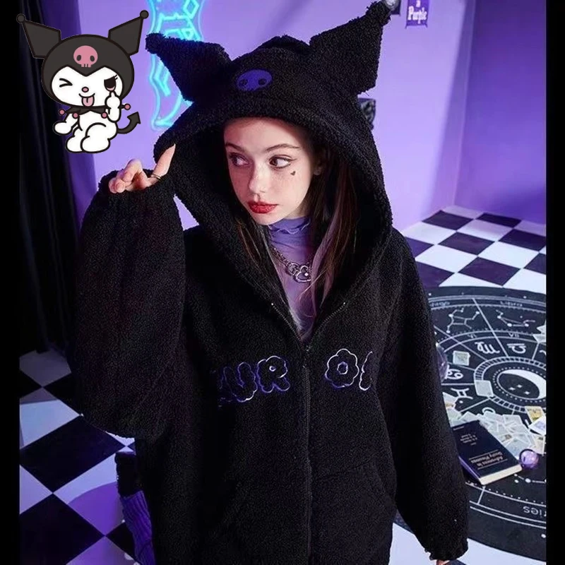 Sanrio Anime Kuromi Kleidung Frauen Schwarz Stickerei Hoodies Y2k Tops Herbst Winter Dünne Mantel Weibliche Mode Lose Sweatshirt Image