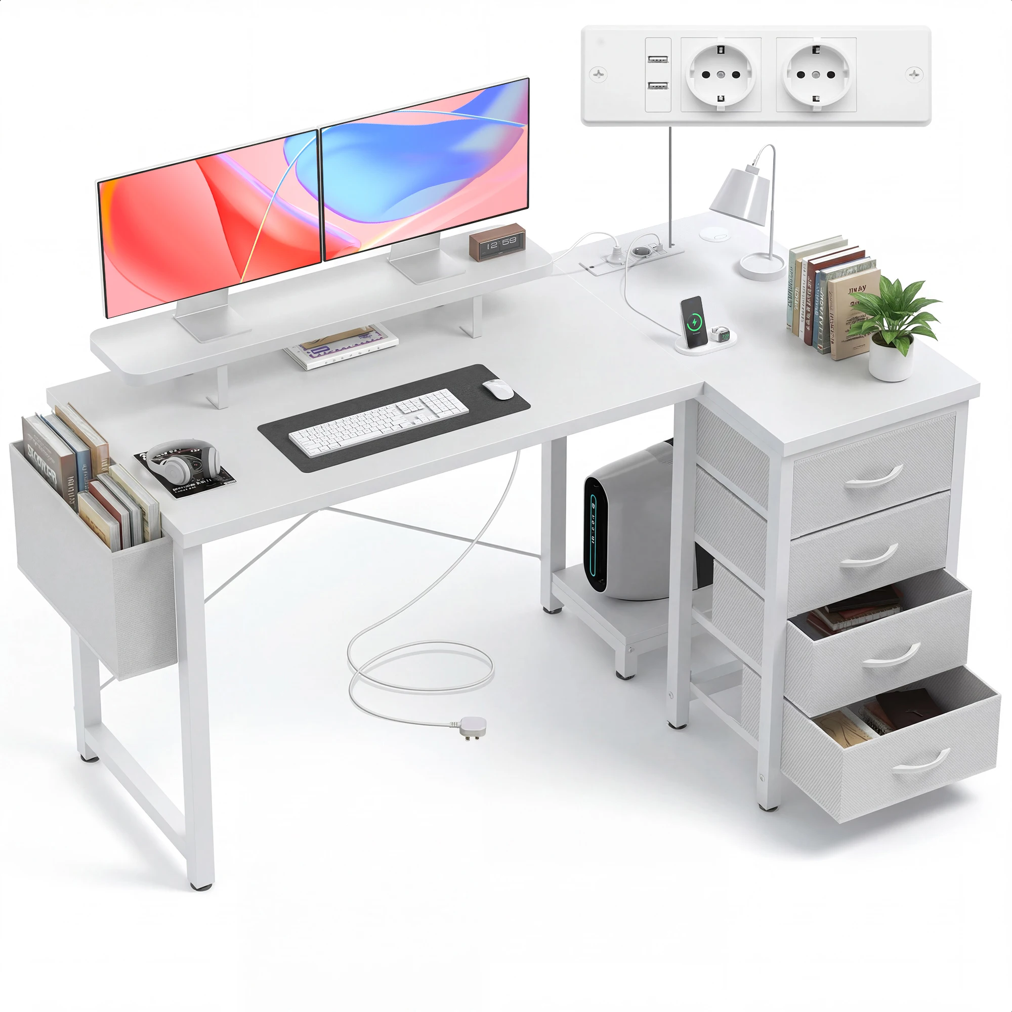 Claiks L förmiger Schreibtisch mit Monitorablage für Büro, L-Desk with Steckdose and 4 Fabric Drawers, Weiß Image