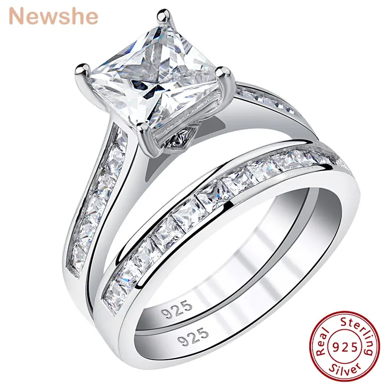 Newshe 2-teiliges klassisches Ehering-Set für Damen, 7 x 7 mm, Princess-Schliff, AAAAA-Zirkon, 925er Sterlingsilber, Verlobungsring-Schmuck Image