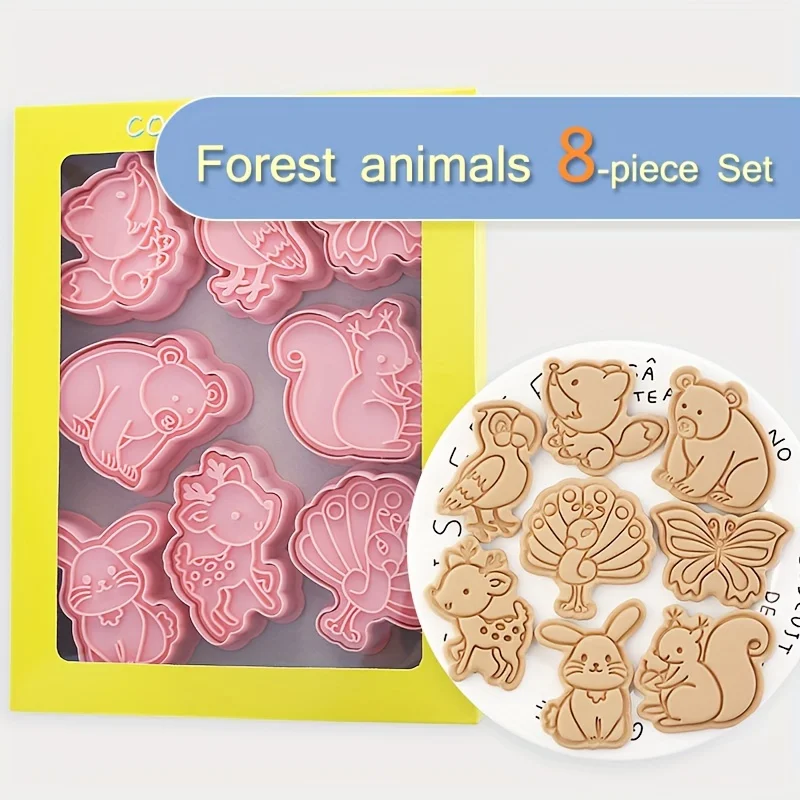 8-teiliges Set Tiermotive Keksformen: Bär, Eichhörnchen, Hase, Pfau, Schmetterling - 3D Handgemachte Zuckerhandwerk Fondant-Formen Image