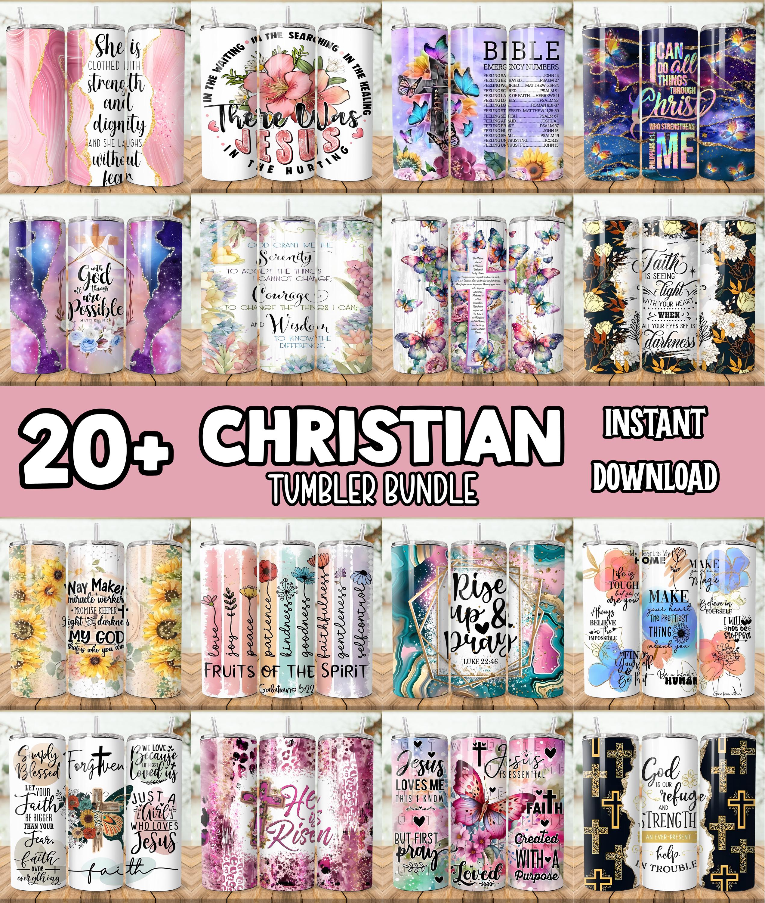 Pacchetto di oltre 20 design per bicchieri con versetti della Bibbia / Involucri PNG cristiani per bicchieri da 20 once / Modelli per sublimazione del