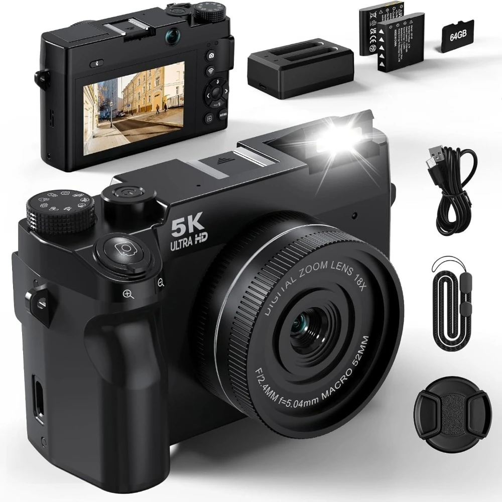 Appareil photo numérique 5K pour la photographie, appareils photo numériques point et prise de vue 75MP 64 Go, double objectif Zoom 18X Autofocus, appareil photo Vlogging WiFi