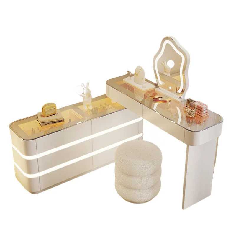 Kommode aus massivem Holz, Schlafzimmer, modern, schlicht, cremefarben, Windbett, Schwanz, Ecke, Make-up-Tisch, Truhe integriert Image