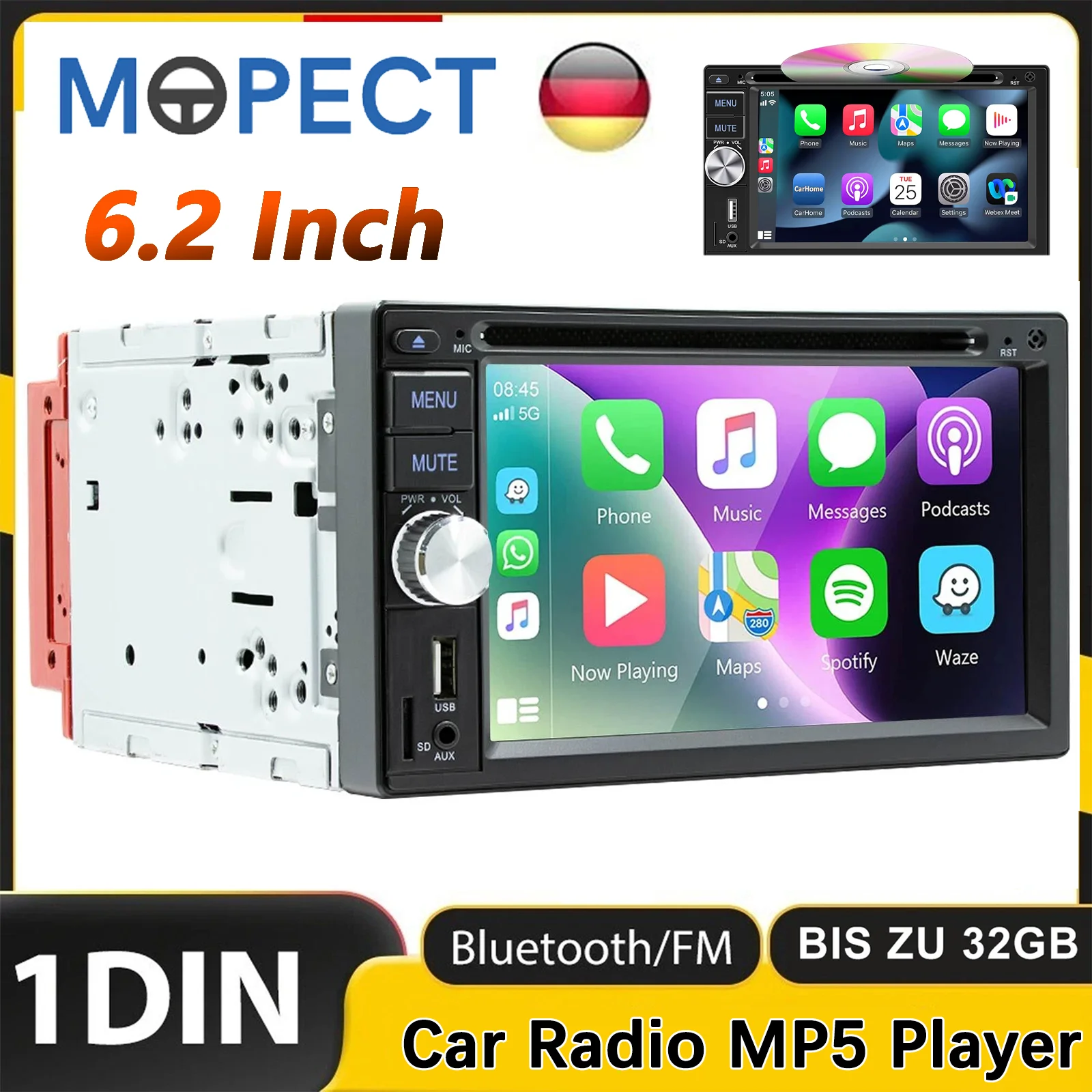 MOPECT 6,2 Zoll Apple Carplay Android Auto Doppel-DIN Autoradio CD-DVD-Player AUX FM Bluetooth USB MP5 Mirror Link