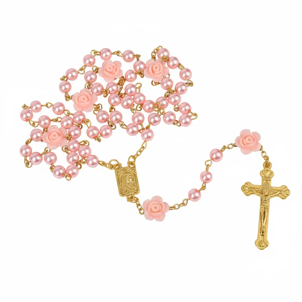 Religion Rosenkranz Halskette Für Frauen Kruzifix Kreuz Anhänger 6MM Lange Glas Perlen Rose Kette Halsband Weibliche Gebet Schmuck geschenk Image