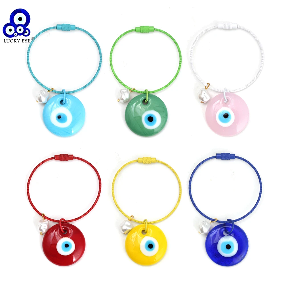 Glückliches auge glas türkisch böser blick schlüssel bund imitation perle schlüssel anhänger tasche auto schlüssel ring für frauen männer llavero porte clé likenow Image