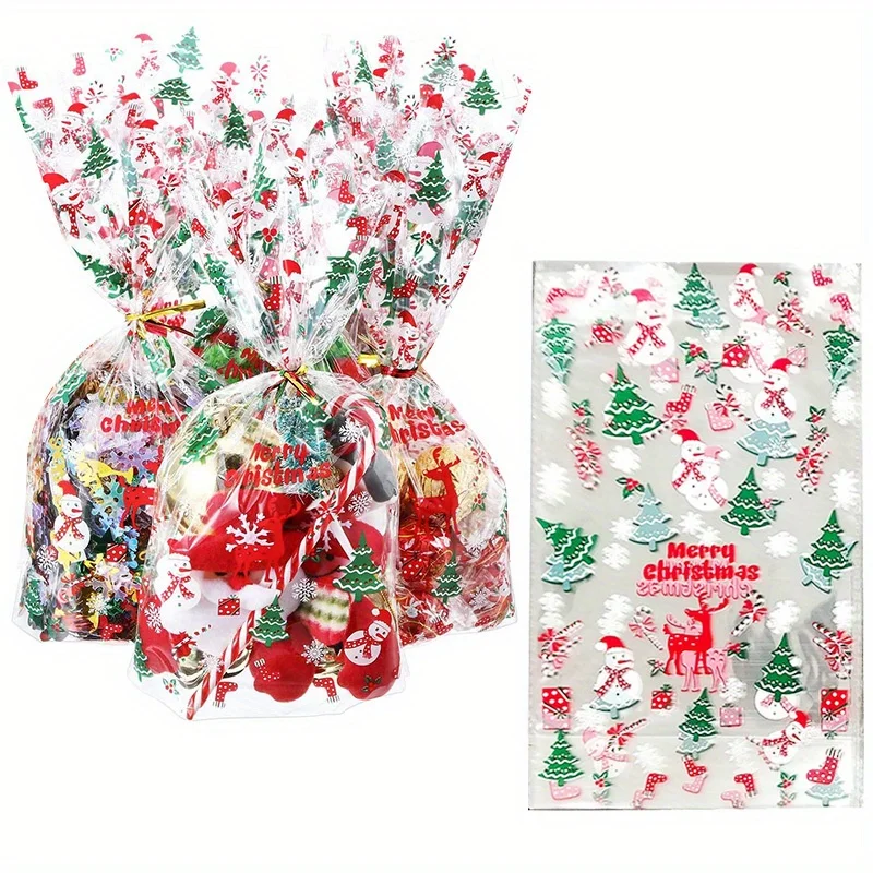 100 Stück durchsichtige Weihnachtsbeutel aus Kunststoff mit gedrehten Bändern – wiederverwendbare Zellophan-Süßigkeitstüten für Leckereien, Geschenkverpackungen Image