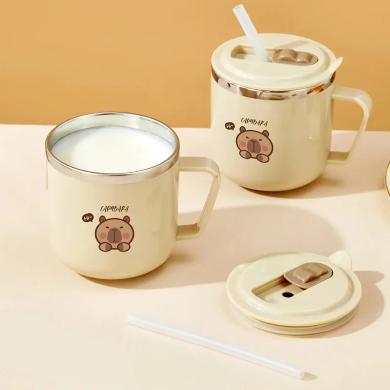 1 Stück 270ml Doppelwandiger Isolierbecher Niedlicher Capybara Edelstahl Kinder-Wasserbecher mit Strohhalm Auslaufsicherer Milch-Kaffeebecher Image