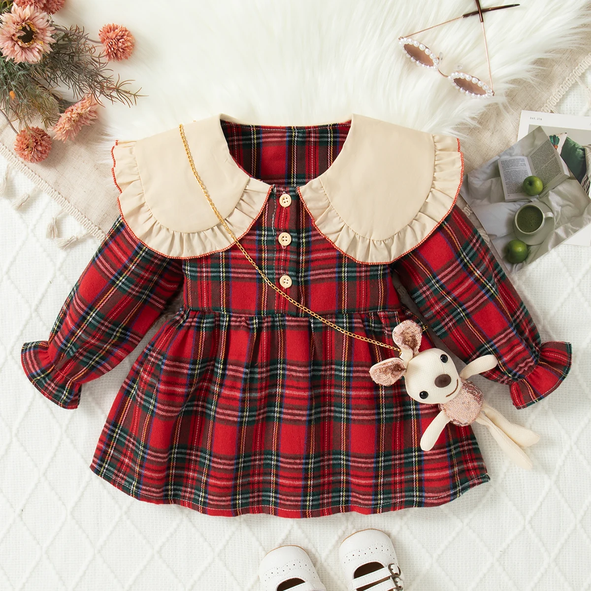 Baby Mädchen Koreanischen Stil Kleid Puppe Kragen Langarm Rot Kariertes Kleid Geschenk Nette Puppe Mädchen Weihnachten Festival Party Kostüm