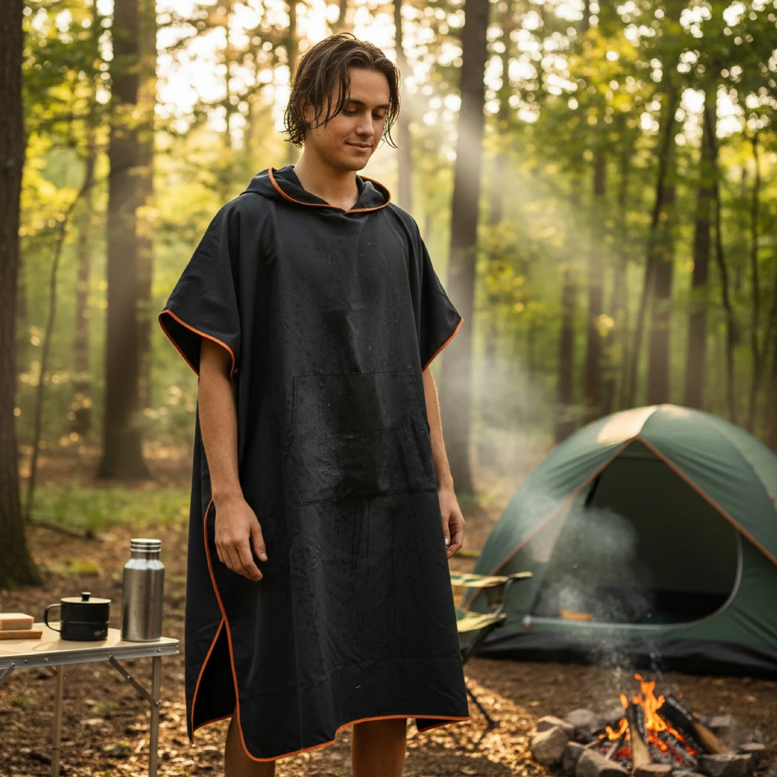 Schwarz-rosa schnell trocknender Strandponcho mit Taschen, 90x110cm – Verwendbar als Surftuch, Sonnenschutz-Hoodie, Umziehrobe oder Schwimmtuch. Image