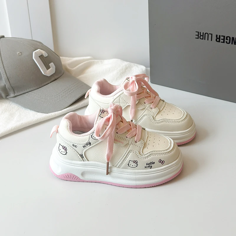 Kinder-Freizeitschuhe ​ Turnschuhe aus PU-Leder mit Hello Kitty-Aufdruck, Frühlingsschuhe für Mädchen, rutschfest, dicker Boden, Weiß, Rosa, Größe 26–37