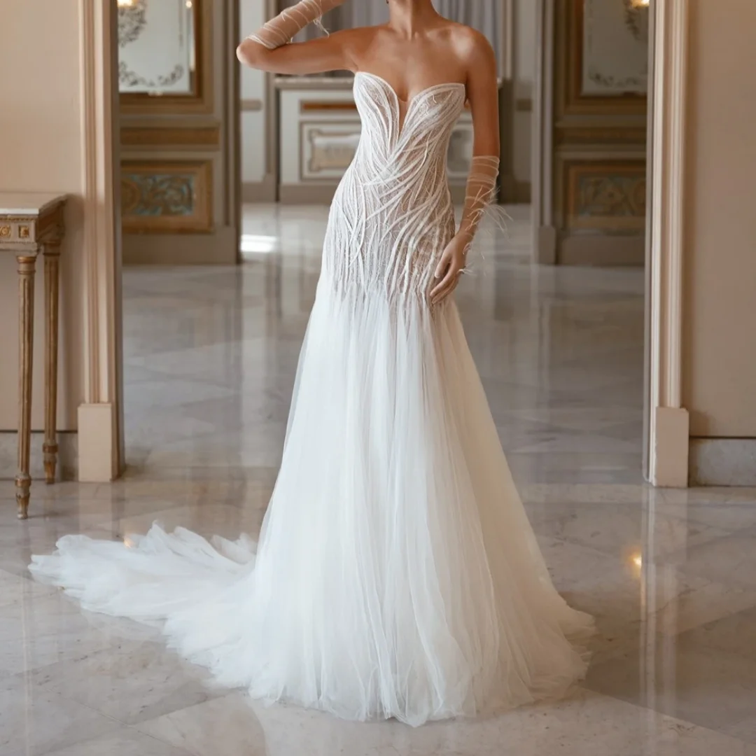 Abito da sposa lungo a sirena in pizzo sexy illusione con abiti da giacca per la sposa Elegante abito da sposa senza maniche in tulle 2025 personalizzato