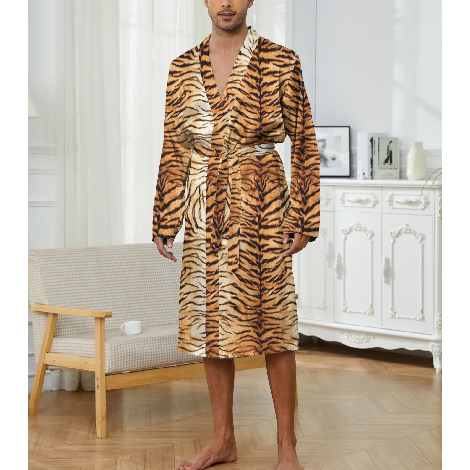 Herren-Bademäntel Neues personalisiertes Herren-Nachthemd mit Tigerfellmuster für zu Hause Hautfreundlicher, dünner, schnell trocknender, locker sitzender Pyjama Image