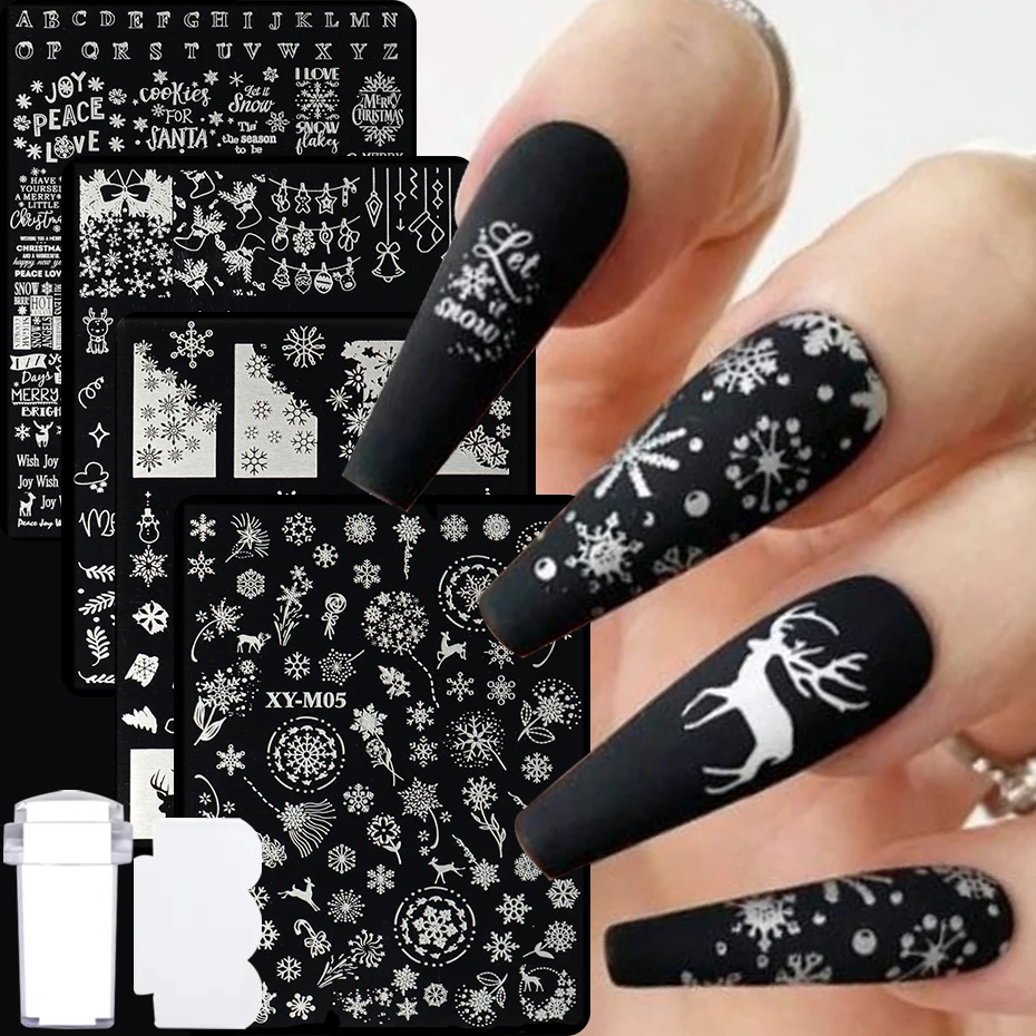 4 Stück Weihnachts-Nagelstempelplatten mit einem Stempel, Cartoon-Schneeflocke, Weihnachtsbäume, Nageldesign, DIY Nagelbildübertragungswerkzeuge Image