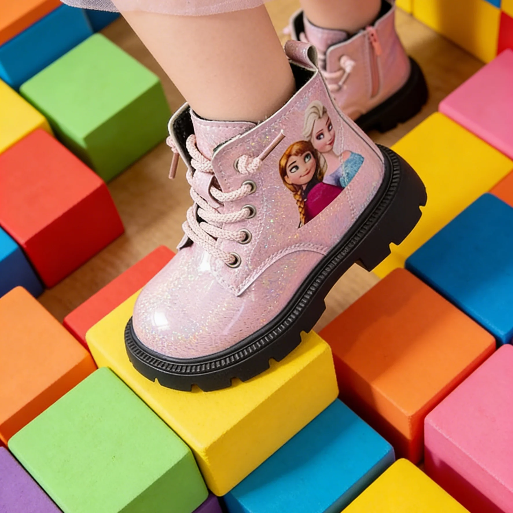 Freizeitschuhe für Kinder, Stiefel, PU-Leder, Cartoon-Elsa-Frühlingsschuhe für Mädchen, rutschfeste, weiche Unterseite, schwarz-rosa Schuhe, Größe 23–34