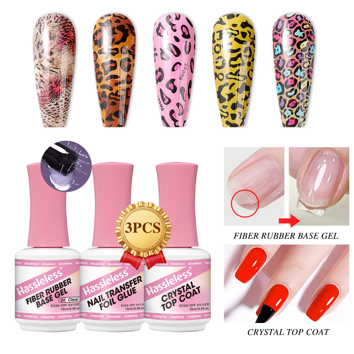 Hassleless Fiber Base Gel (Transparent) + Transfer Gel + Crystal Sealant 3er-Pack, Kristallglanz-Versiegelung, schützt die Nageloberfläche, transparentes Fiber-Gummi-Base-Gel, schnelle Reparatur für Image