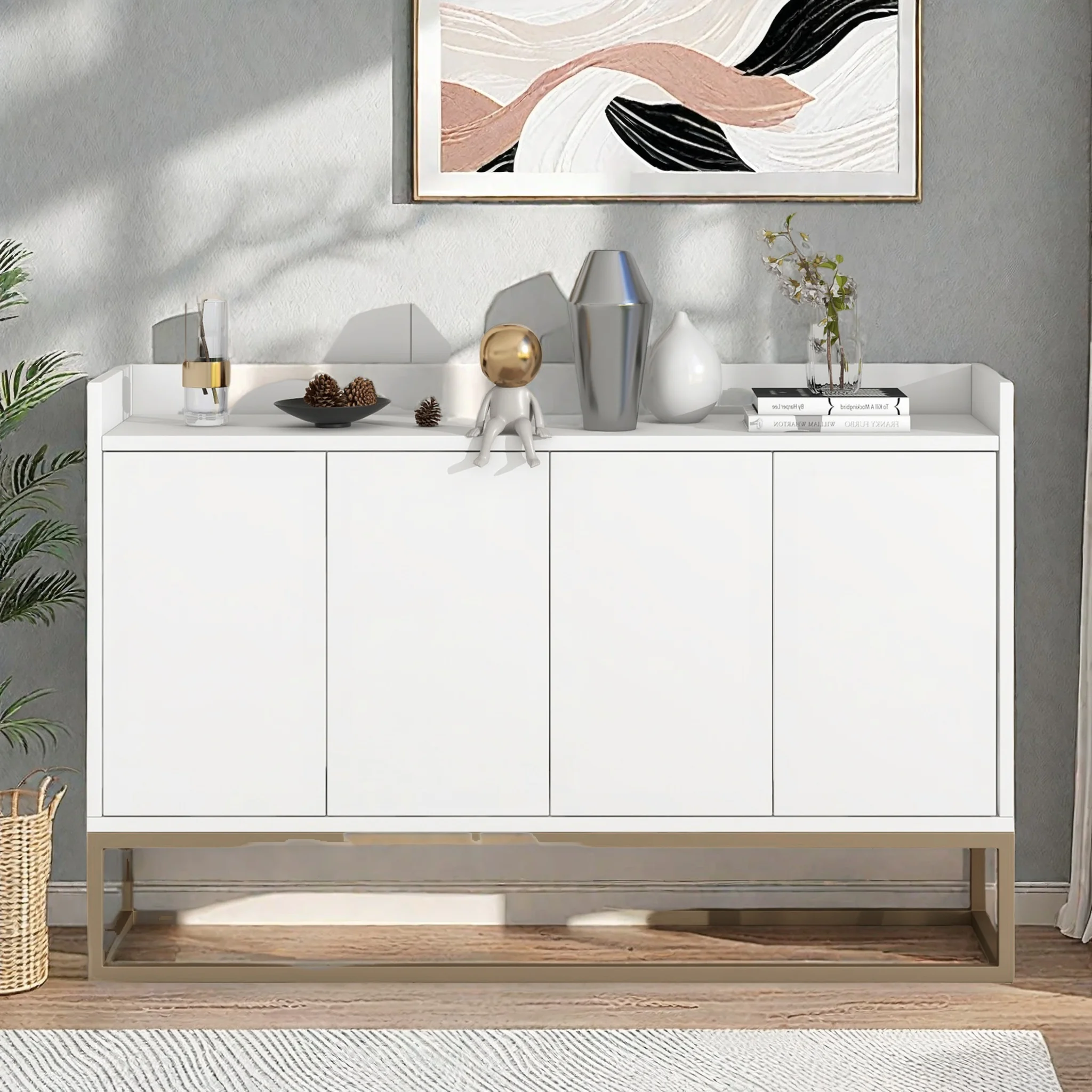 Sideboard, Aufbewahrungsschrank mit Metallbeinen, 120×30×80 cm, 4 Türen, ohne Griffe, geeignet für Esszimmer und Wohnzimmer, weiß Image
