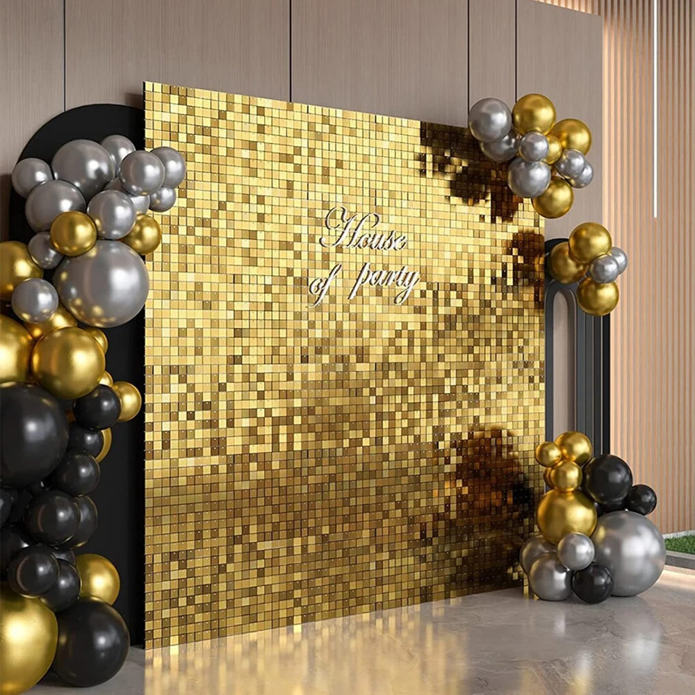 12 Stück Gold-Schimmer-Wandhintergrund, Schwarz, Rosa, Rot, Champagner, Gold, quadratische Pailletten-Hintergrundplatten für Geburtstag, Hochzeit, Party, Dekoration Image