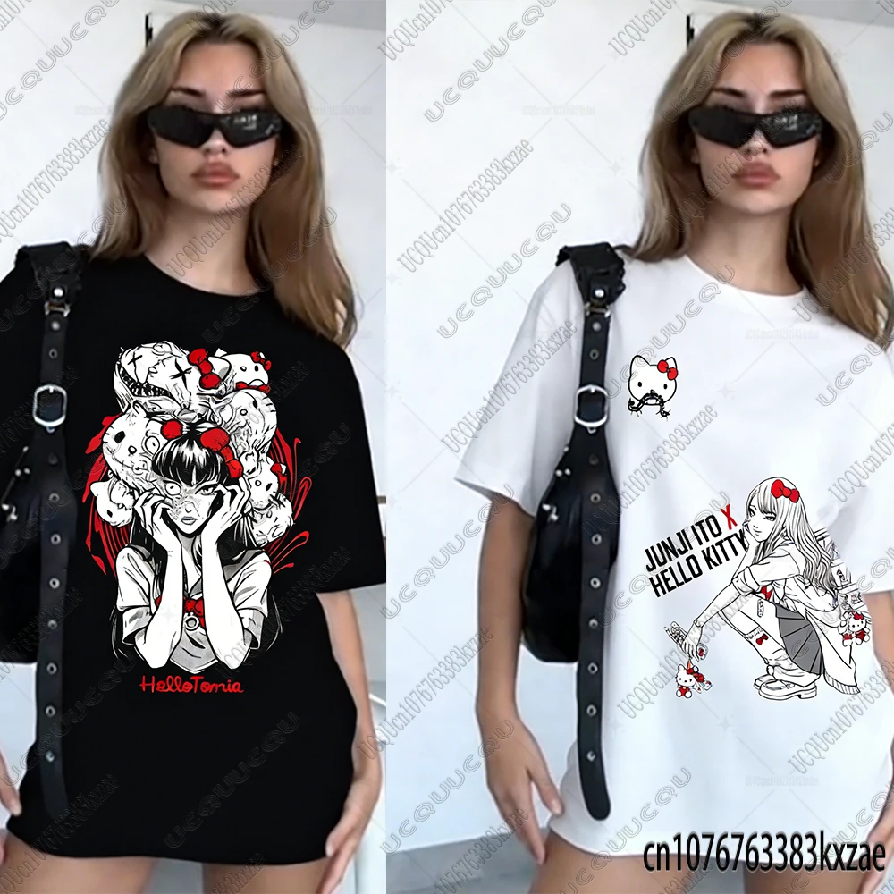 Junji-Itos Tomie Hello Kitty T-Shirts für Frauen Sommer Neue Anime Baumwolle Kurzarm T-Shirt Casual Harajuku Tees Y2K Paar Tops