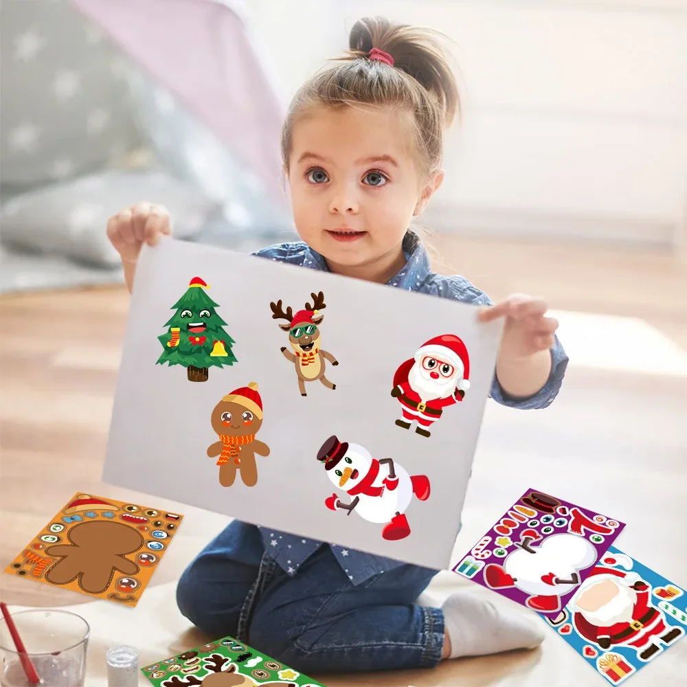 8Pcs Weihnachten Puzzle Aufkleber Kinder Cartoon Santa Schneemann Weihnachten Baum Aufkleber Party Dekoration DIY Montieren Wasserdichte Aufkleber Image