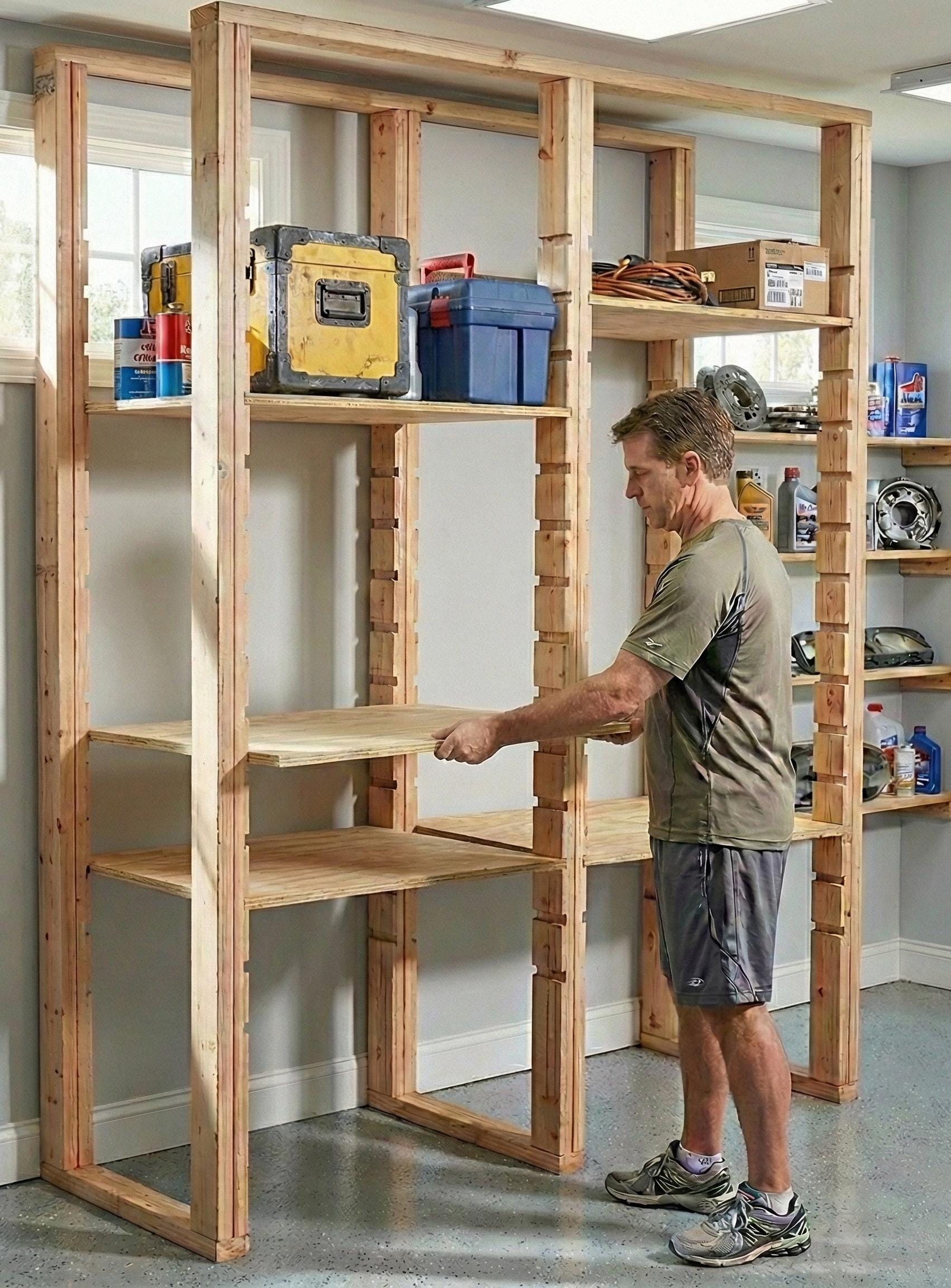 Piani fai da te per scaffalature da garage in formato PDF - Sistema di scaffalature modulari in legno da parete