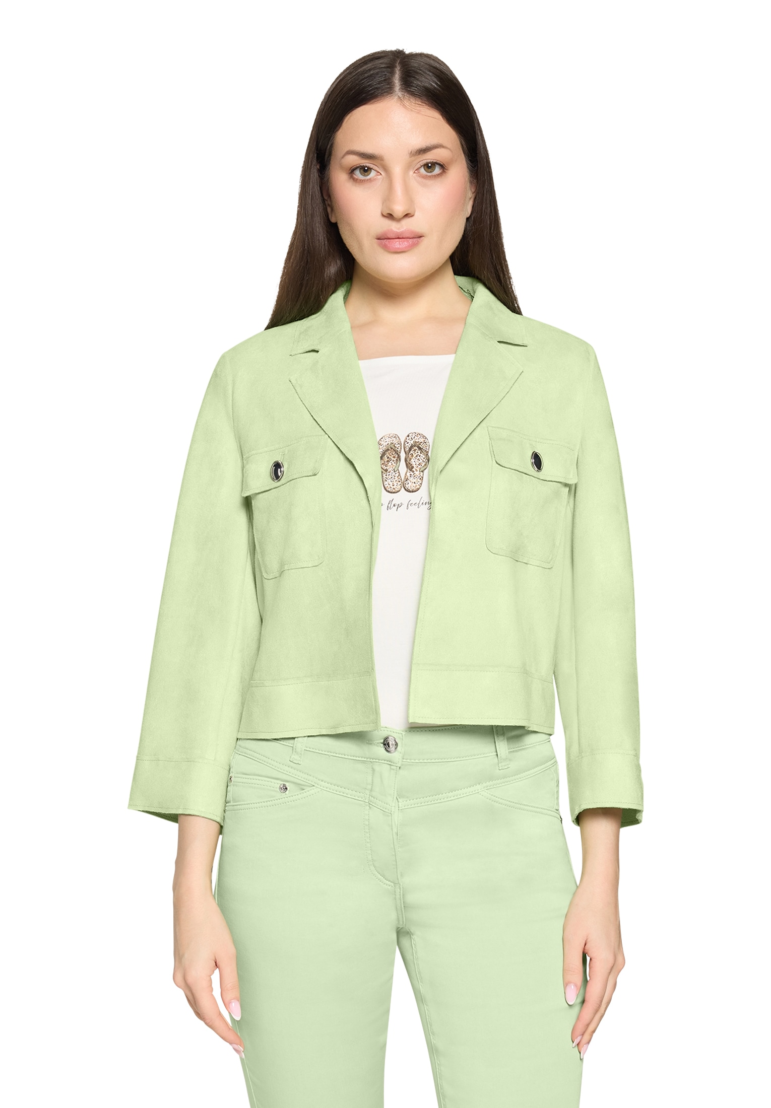 Jackenblazer BETTY BARCLAY "Damen mit 3/4 Arm", Damen, Gr. 44, foam grün, Samt, Obermaterial: 92% Polyester, 8% Elasthan, gerade normal, Blazer Image
