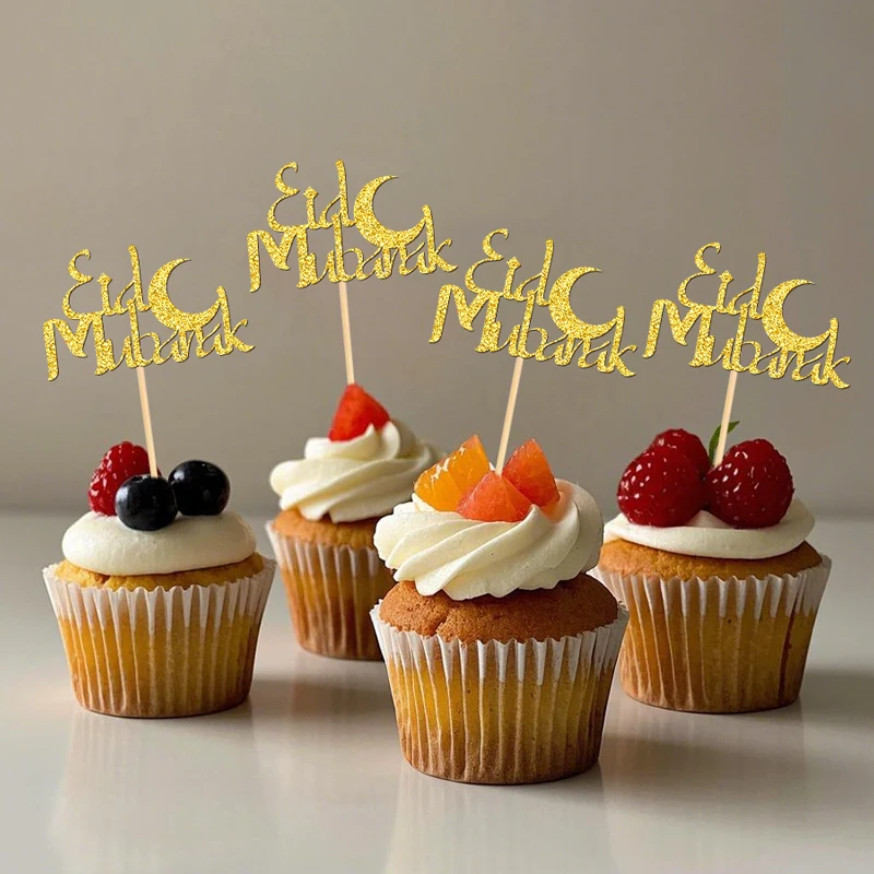 YOMDID 24 pièces Décorations de gâteau Eid scintillantes, décorations de gâteau Eid Mubarak avec lune, décorations de cupcakes pour décorations de fête islamique, décorations de gâteau
