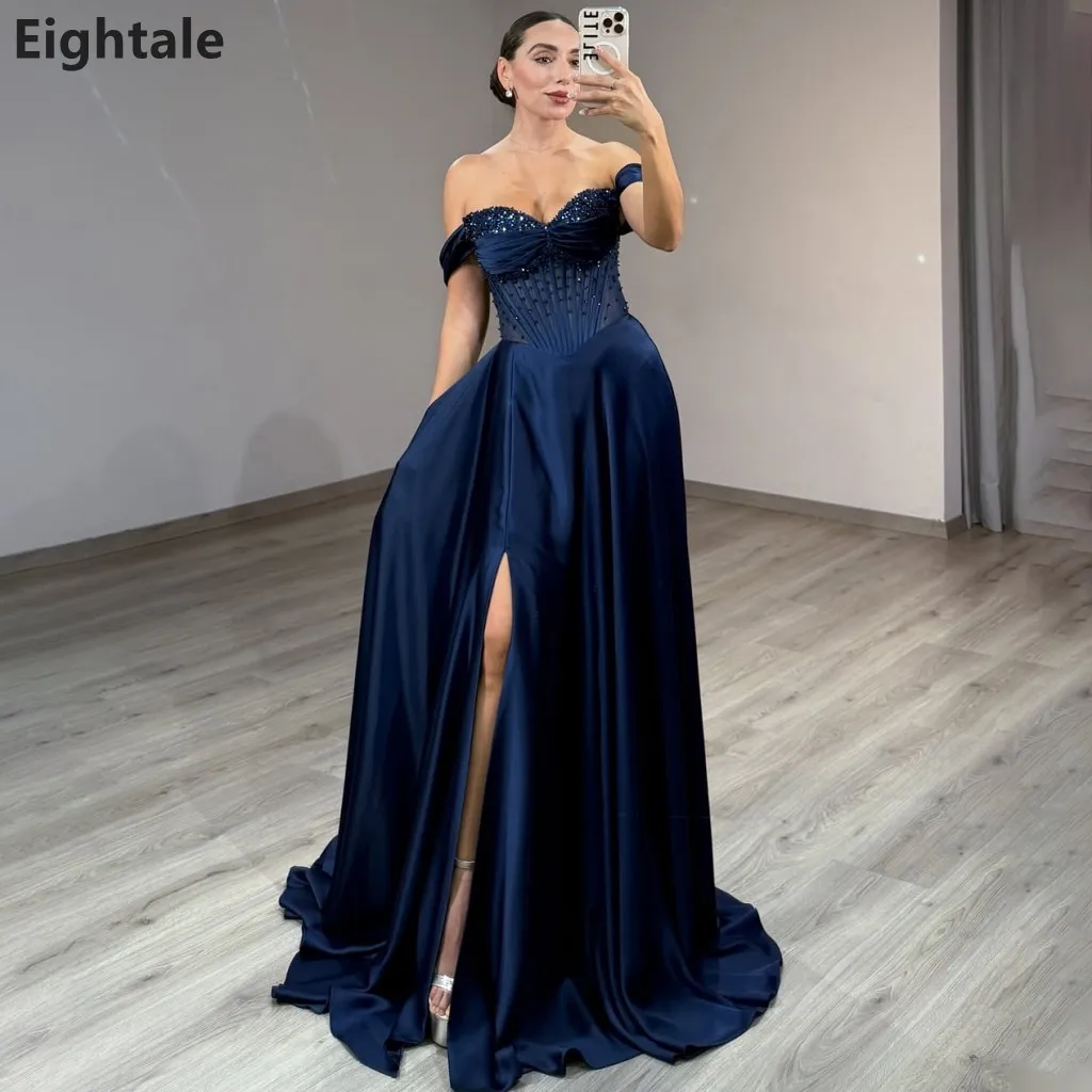 Eightale 2025, Marineblau, A-Linie, Satin, Maxi-Abschlussballkleid, herzförmiger Perlen-Schlitz, Abendkleid für Damen, formelles Partykleid, Robes de Soirée Image