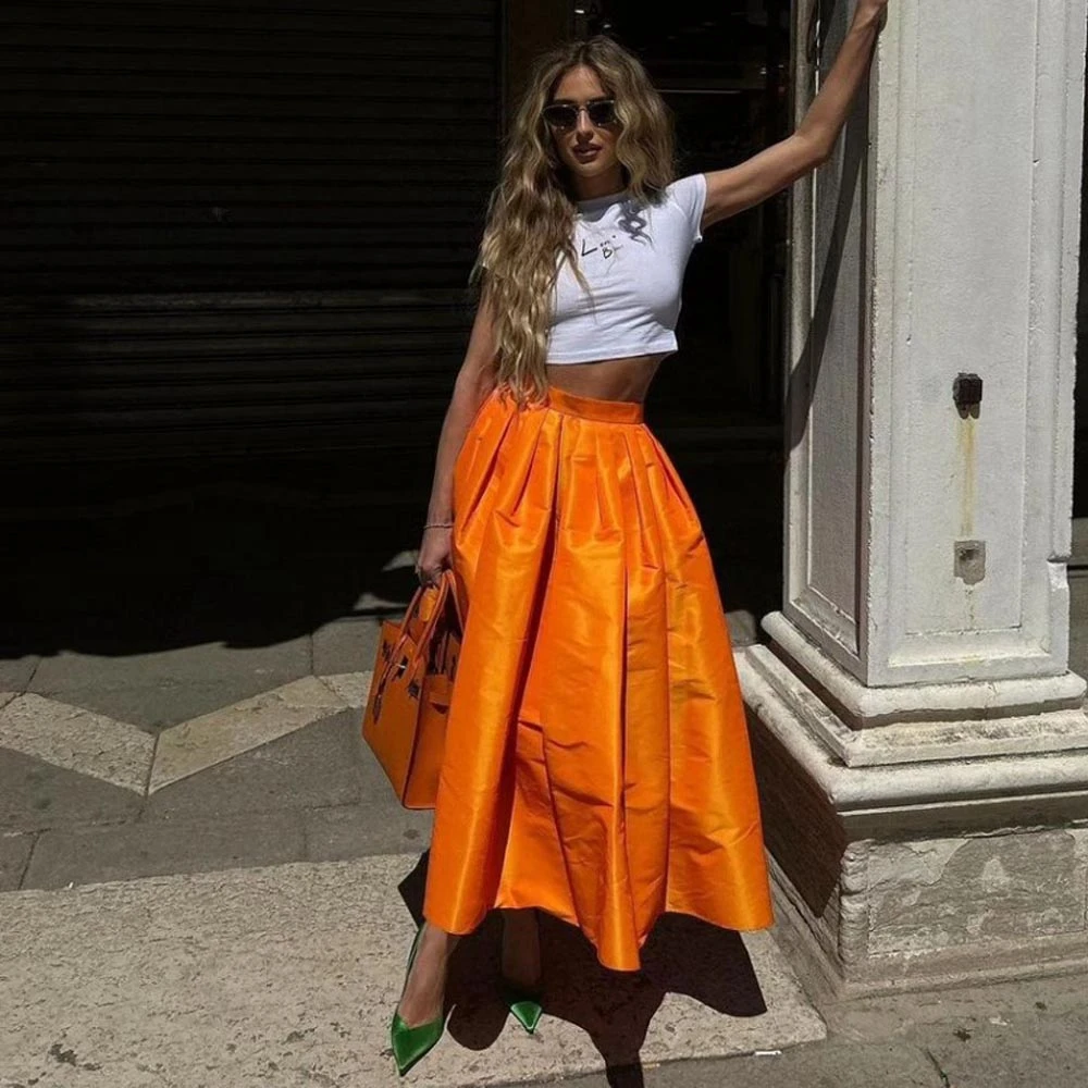 Casual Orange Satin Rock Midi Knöchel Länge Frauen Röcke Nach Maß Frauen Kleidung A-line Rüschen vestidos para mujer elegantes Image