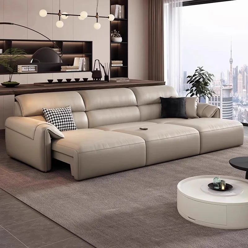 Elektrisches Ledersofa, italienisches, leicht luxuriöses Wohnzimmer, modernes, minimalistisches, ausziehbares Inline-Sofa aus Rindsleder