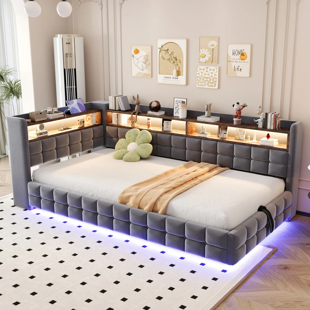 90×200cm großes, samtbezogenes Bett mit hydraulischem Stauraum und LED-Lichtleiste, Steckdose, Schlafsofa, USB- und Typ-C-Ladeanschlüssen Image