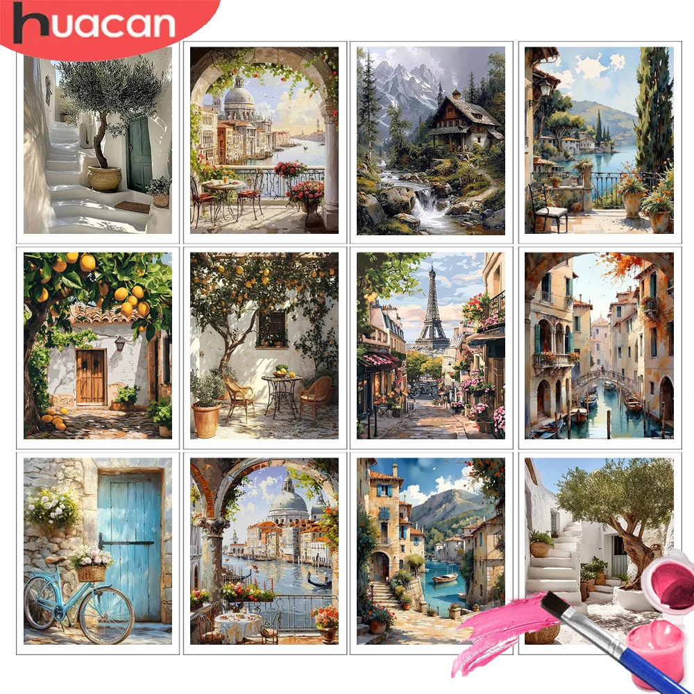 HUACAN Malen nach Zahlen Stadtlandschaft DIY-Set Hobby-Kits Zeichenleinwand Hauslandschaft Ausmalen nach Zahlen Heimdekoration Image