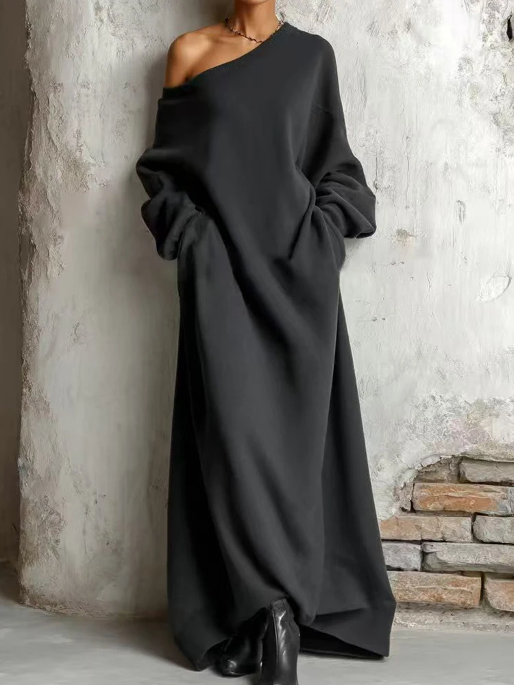 Schräg Geschnittenes, Loses Patchwork-Partykleid, Damen Frühling Herbst Langarm Einfarbiges Maxikleid, Lässiges Schlichtes Damenkleid Streetwear Image