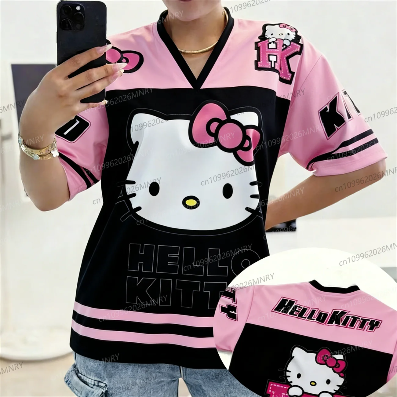 Sanrio Hello Kitty T-Shirt, Sportbekleidung, Damen, Herren, V-Ausschnitt, lockeres Kurzarm-T-Shirt für Kinder, lässig, leicht, atmungsaktiv, Streetwear
