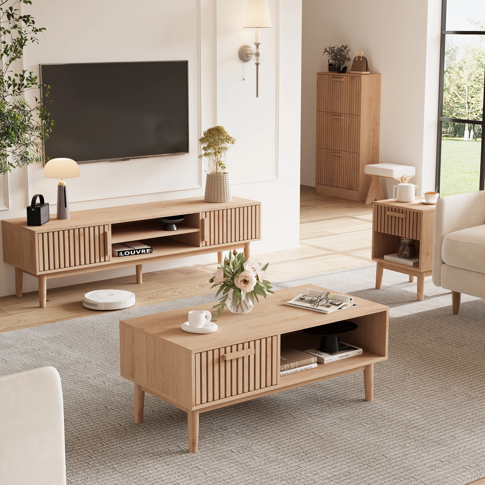 Rosahqnda TV-Schrank 150 cm lang, 2 Nachttische, Lowboard aus Holz für Fernseher 55 60 65 Zoll, TV-Ständer mit Tür und Regal, modernes Design Image