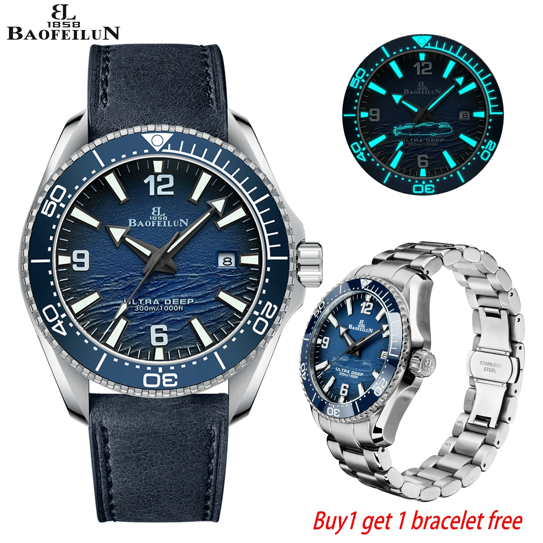 BAOFEILUN Leuchtende Automatik-Uhren im U-Boot-Stil für Herren Wasserdicht Keramik-Lünette Datum Doppelarmband Japan-Uhrwerk Taucheruhr-Stil Image