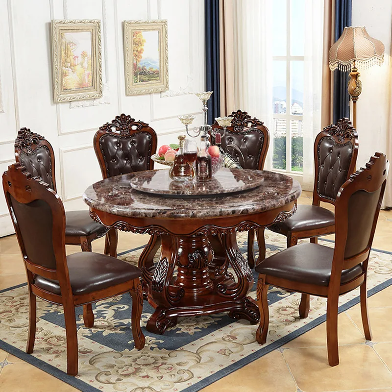 Europäische Esstisch- und Stuhlkombination für 10 Personen, runder Esstisch aus Marmor und Massivholz, amerikanischer Retro-Esstisch für den Haushalt Image
