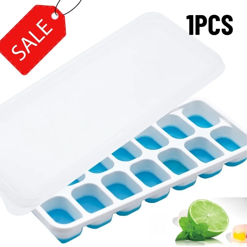1 Stück Silikon-Eiswürfelform mit Deckel, Leicht zu Entfernende Flexible 14-Würfel-Eisform, Stapelbare Quadratische Eiswürfelformen für Cocktails und Gefrierschränke Image