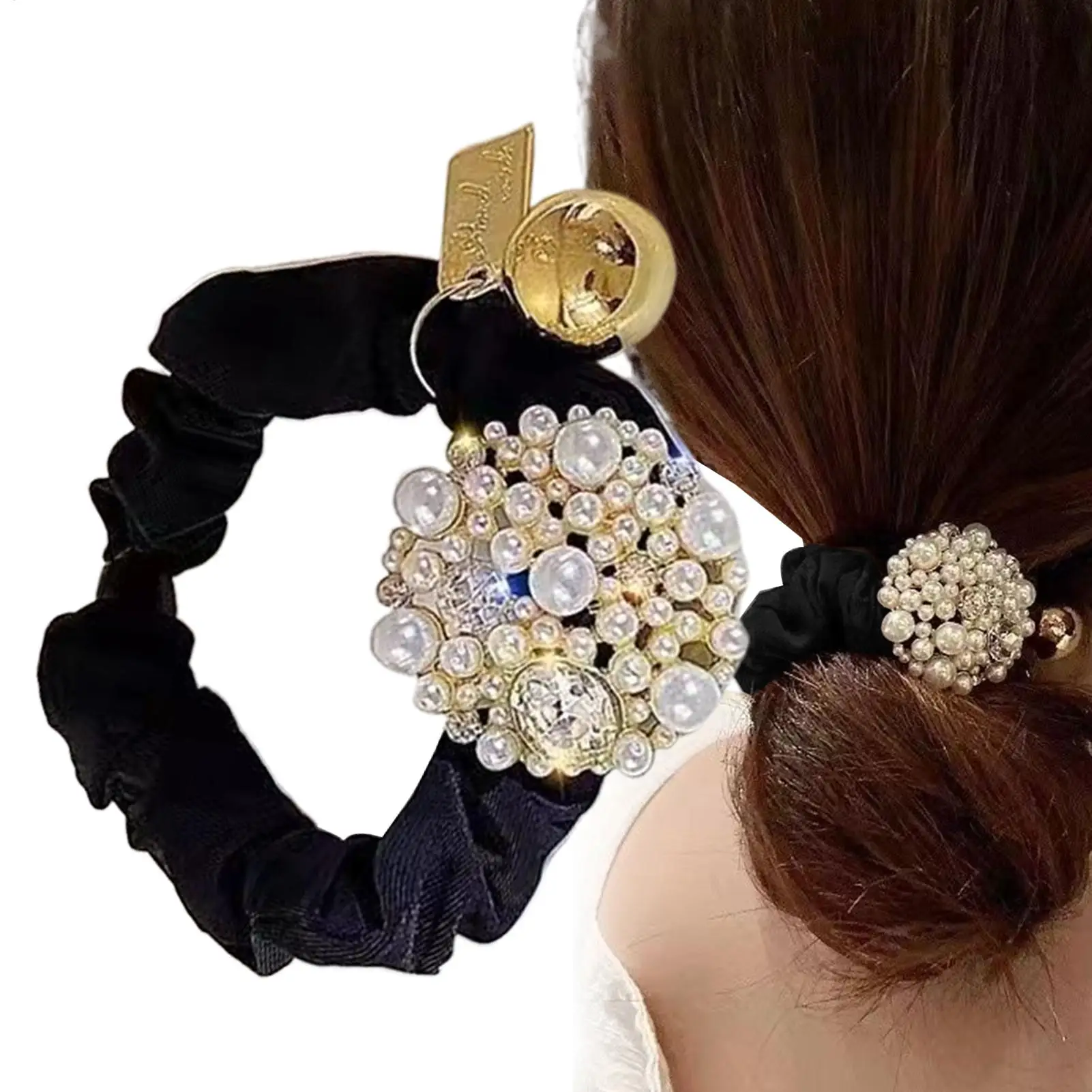 Luxuriöses Haargummi mit Perlen und Strass, 1 Stück, für Damen, Pferdeschwanz-Haarband, elastisches Haargummi für Erwachsene Image