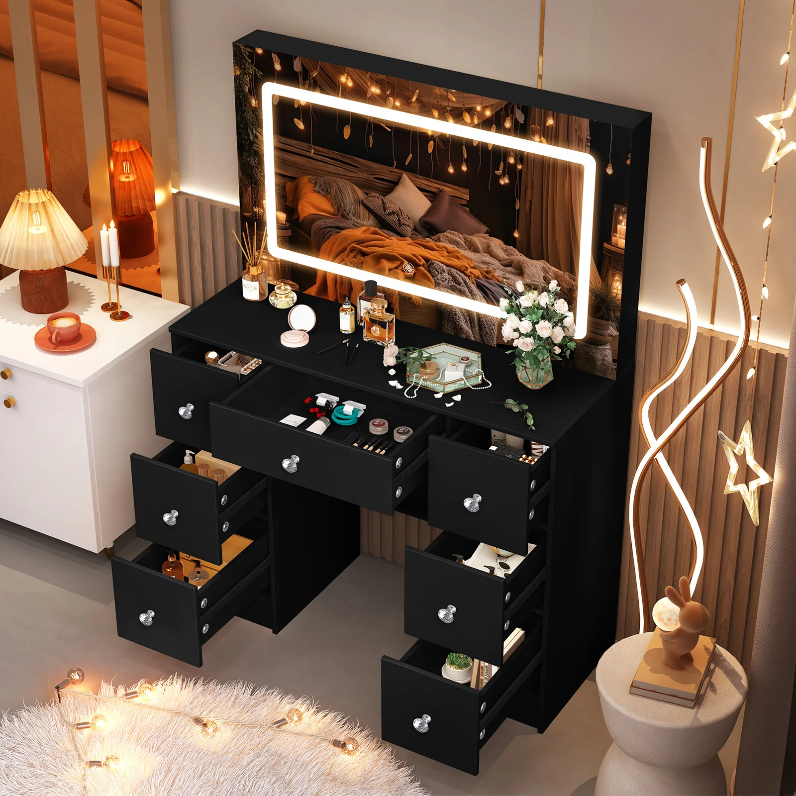 Schwarzes Holz-Schminktisch-Set mit Dimm-LED-Spiegel Touch-Steuerung 7 Schubladen Einfache Montage Robuster Rahmen Schminktisch für Damen/Mädchen Schlafzimmer