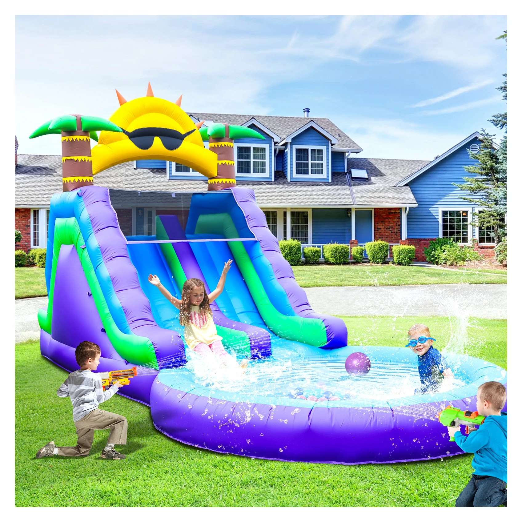 26x12x14FT Kommerzielle PVC-Doppelrutsche, aufblasbare Wasserrutsche mit Palmenmotiv, trocken/nass nutzbar, mit Pool und Kletterelementen Image