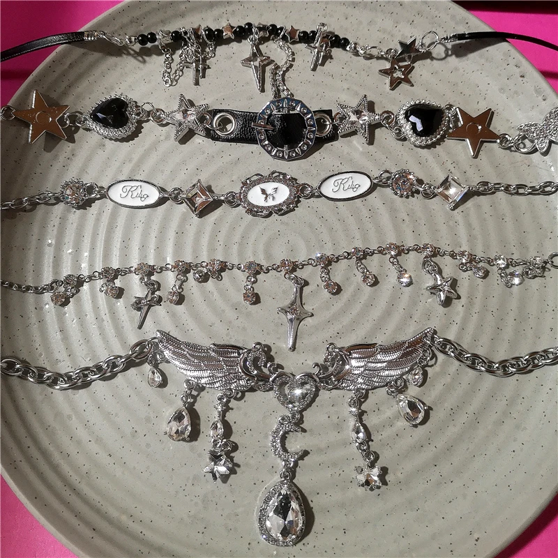 Glänzende Kristall Flügel Herz Stern Silber Farbe Choker Halsketten Für Frauen Quaste Strass Kette Halsketten Aussagen Schmuck Image