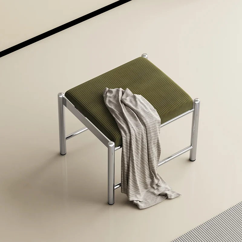 Französische Retro-Schuhbank aus Cord, einfacher Metallrahmen, dunkelgrün, weiche Tasche, nordischer Stil, Fußhocker, Schlafzimmer, Freizeit Image