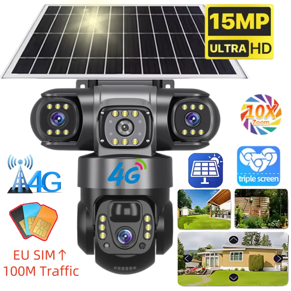 Telecamera solare con 4G SIM 15MP HD Outdoor 3 lenti 3 schermi Zoom 10X PIR Rilevamento umano Telecamere Visione notturna CCTV Protezione di sicurezza